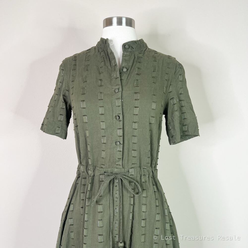 Never A Wallflower | Kelli Olive Green Textured Cotton Tassel Tie Maxi Dress XS - Picture 3 of 12